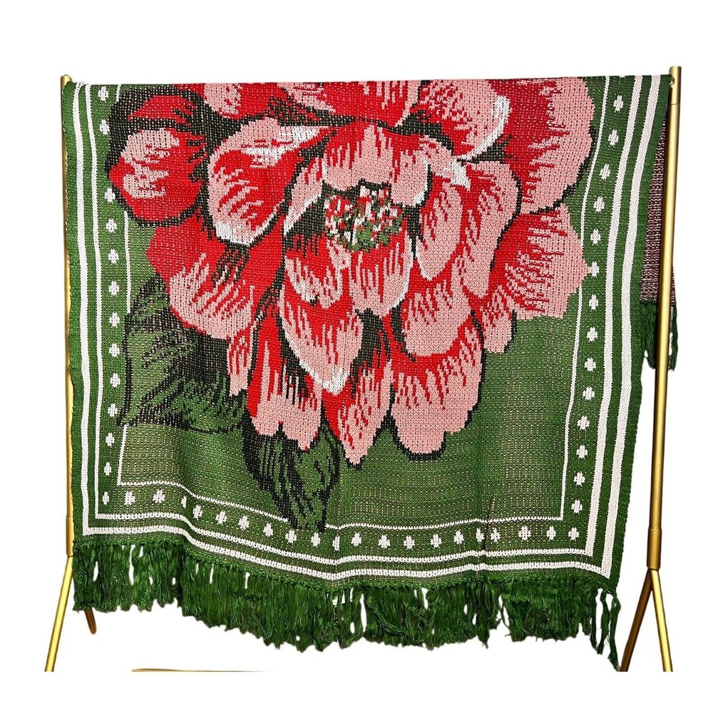 NWT Farm Rio Oh So Cozy Chita Flower Blanket 60 x 80 Red Green Acrylic Fringe